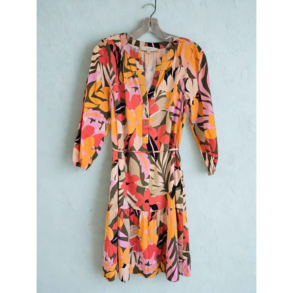LOFT Tropical Floral Print Henley Tie Waist Mini Dress XS